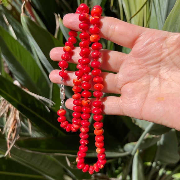 Vintage Jewelry - Red coral bead solid sterling silver long necklace